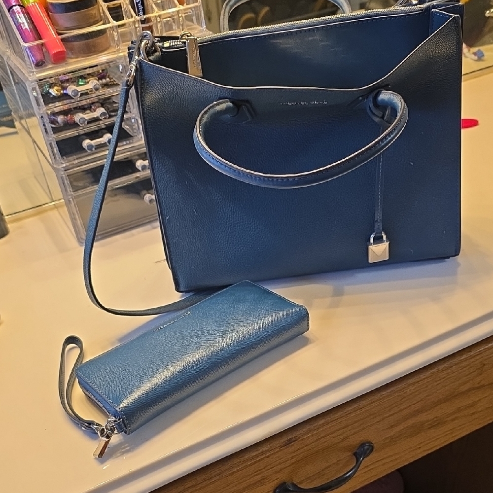 Michael Kors Navy Blue Leather Tote with Matching Wallet